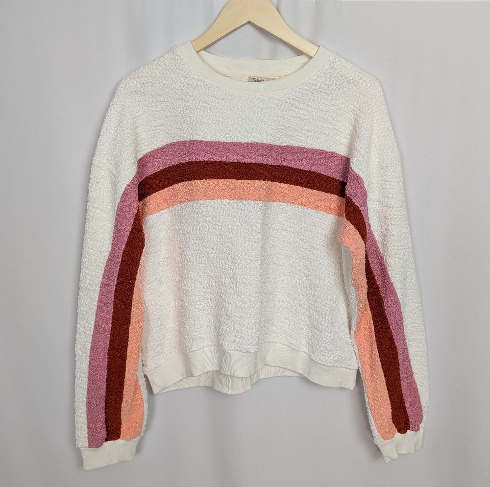 Faherty Cream Crewneck Sweater with Pink and Rust Chevron Stripe - Picture 5 of 14